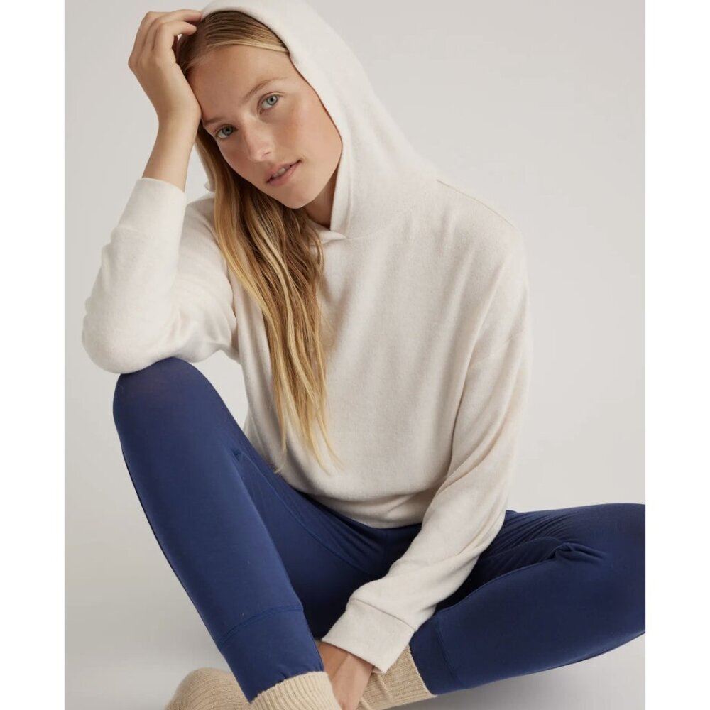 QUINCE Brushed Lounge Cropped Pullover Hoodie in Heather Oatmeal Lounge - Size S